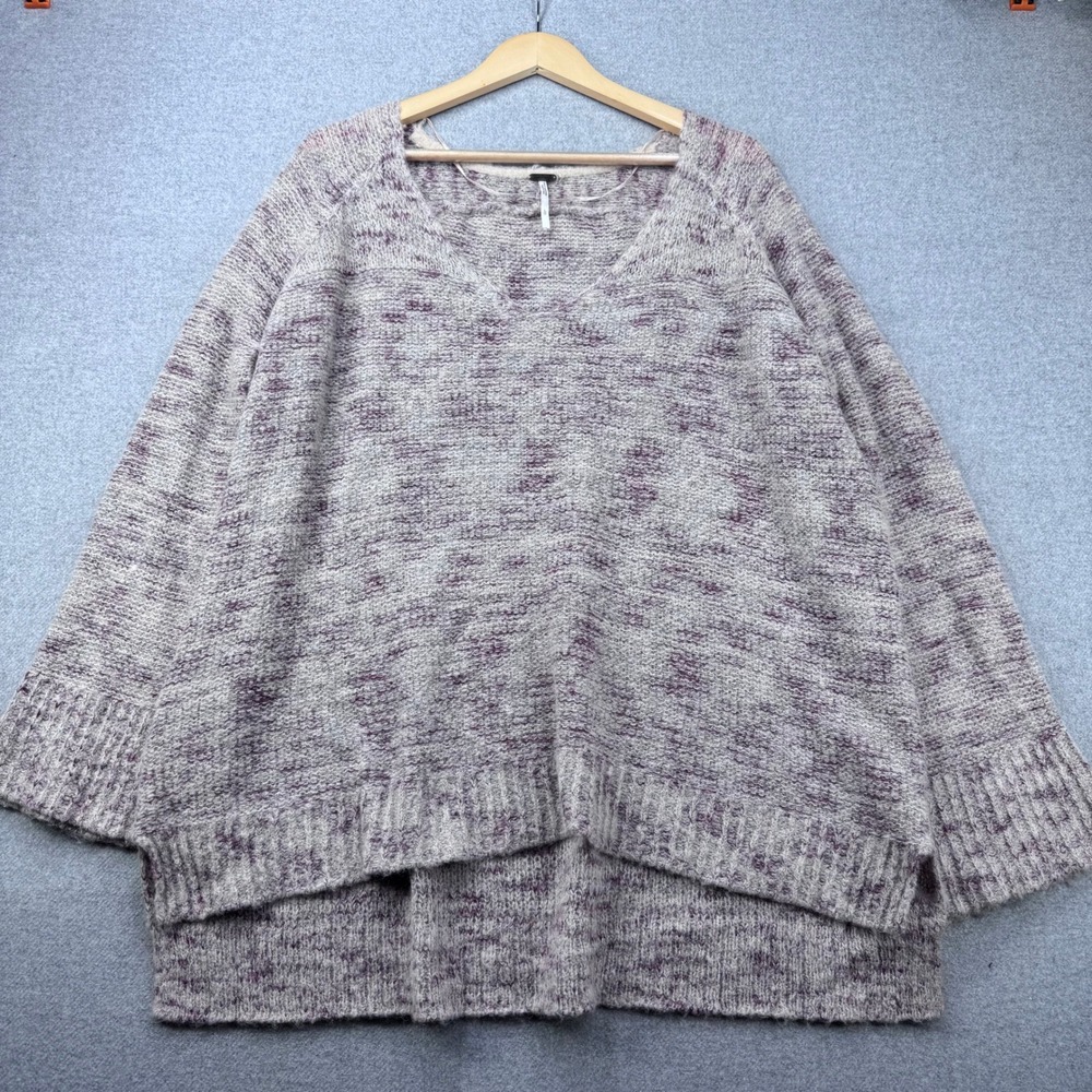 Free People Cozy Marled V Neck Bell Sleeve Alpaca Blend Sweater Knit Top Women L